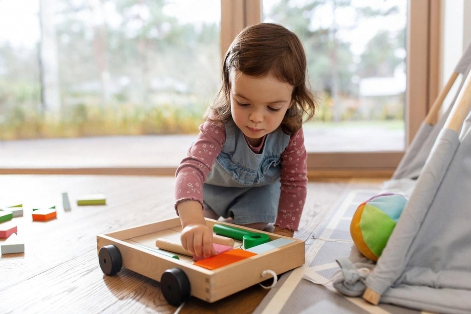 Little girl sorting coloured wooden shapes in a wheeled tray at home